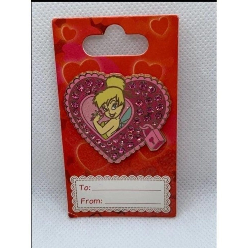 Disney 2007 Tinker Bell Valentine Jewels Pin NWT On Card Rhinestones Pink Fairy